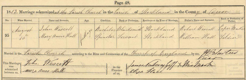 John Wescott and Mary Ann Hall marriage